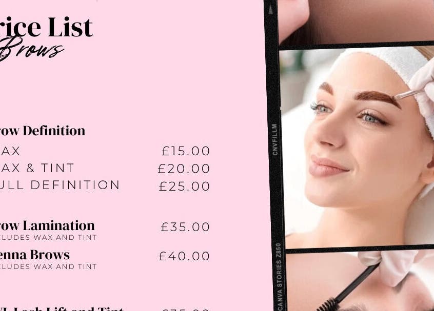 Brow services price list at The Beauty Den in Sheffield, England, GB showcasing waxing and tinting options.