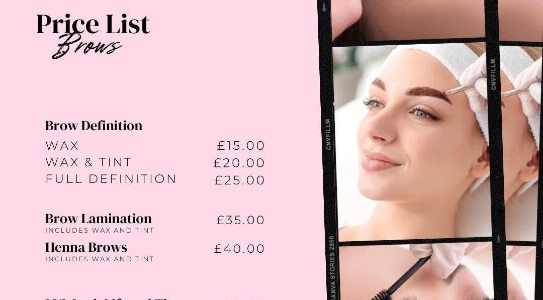 Brow services price list at The Beauty Den in Sheffield, England, GB showcasing waxing and tinting options.