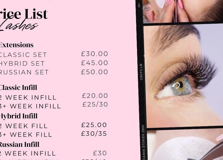 Lash extension price list at The Beauty Den in Sheffield, England, GB, featuring various styles and costs.