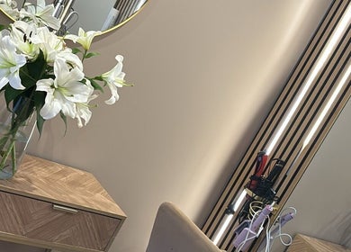 Elegant salon vanity with floral decor at Colours by Courts, Glasgow, Scotland, GB.