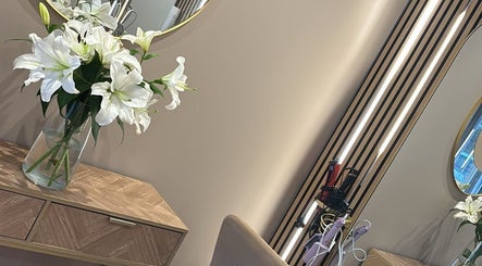 Elegant salon vanity with floral decor at Colours by Courts, Glasgow, Scotland, GB.