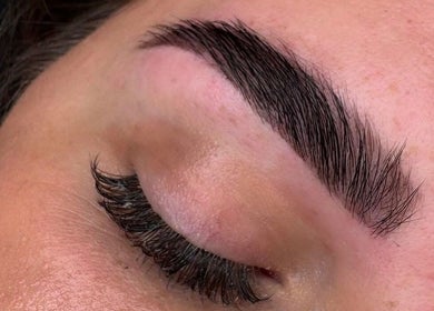 Close-up of perfect eyebrows and eyelashes at Just Beauty, Carlisle, England, GB.