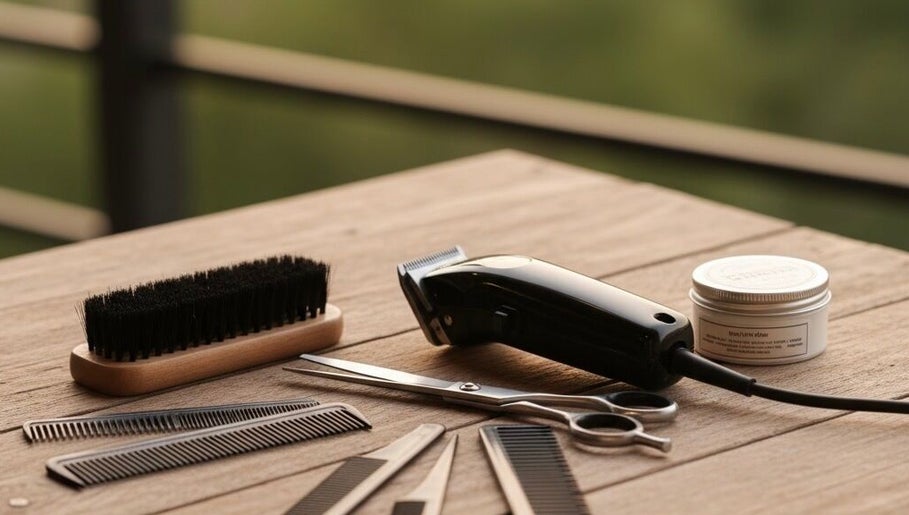 Herramientas de peluquería en Cejudo Barber, Badalona, Catalunya, ES sobre una mesa de madera.