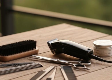 Herramientas de peluquería en Cejudo Barber, Badalona, Catalunya, ES sobre una mesa de madera.
