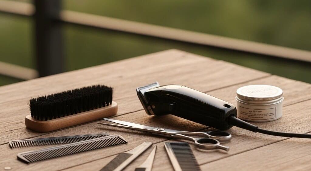 Herramientas de peluquería en Cejudo Barber, Badalona, Catalunya, ES sobre una mesa de madera.
