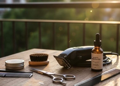 Herramientas de barbería en Cejudo barber, Badalona, Catalunya, ES, mostrando tijeras y aceite para barba.