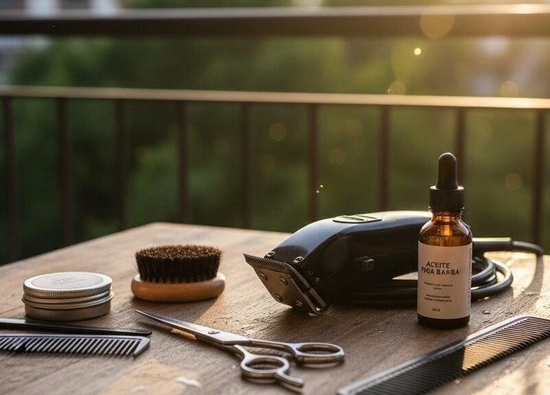 Herramientas de barbería en Cejudo barber, Badalona, Catalunya, ES, mostrando tijeras y aceite para barba.