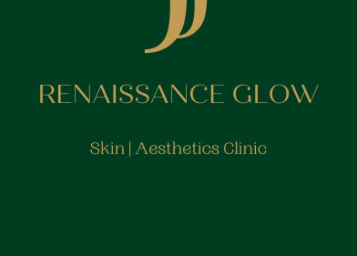 BookingsRenaissanceGlow logo on green background, skin aesthetics clinic in London, England, GB.