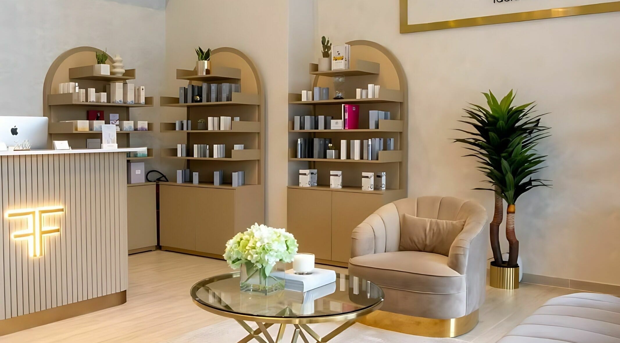 Elegant reception area of Facette Facial Bar, Dubai, Dubai, AE with modern decor and cozy seating.