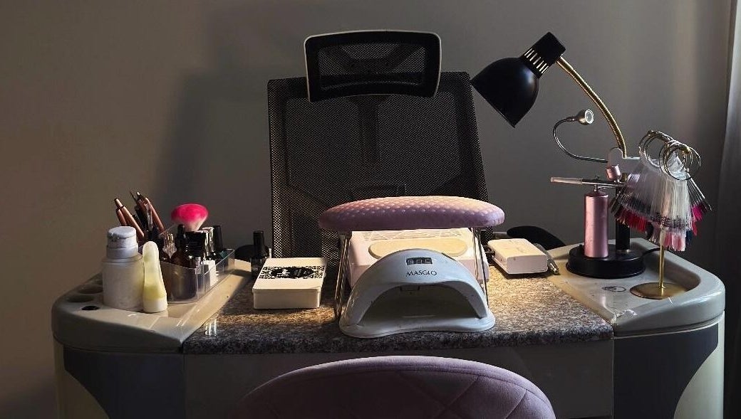 Modern nail station at Ampola Nail Studio, Melbourne, Victoria, AU, showcasing manicure tools and decor.