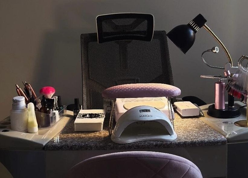 Modern nail station at Ampola Nail Studio, Melbourne, Victoria, AU, showcasing manicure tools and decor.