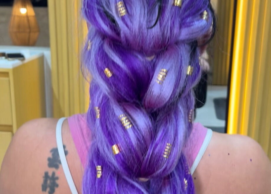 Intricate violet braid with gold accents at Hair by Giovany in Puerto Vallarta, Jalisco, MX.