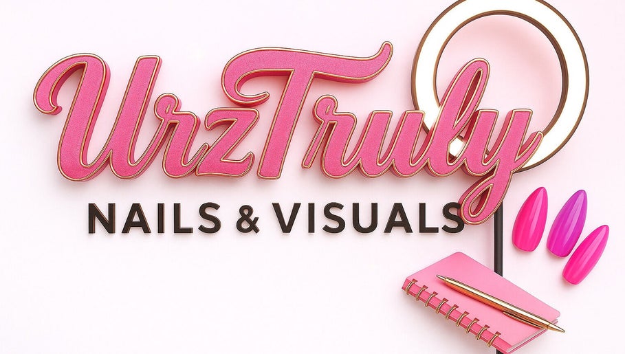Vibrant pink logo of Urztruly Nails x Visuals in Florida, Florida, US with nail and notebook accents.