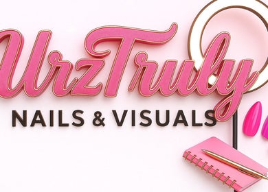 Vibrant pink logo of Urztruly Nails x Visuals in Florida, Florida, US with nail and notebook accents.