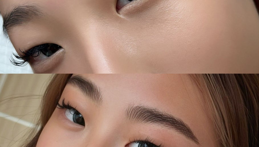 Close-up of expertly styled lashes and brows at Chrysalis Brow Haus, Singapore, Singapore, SG.