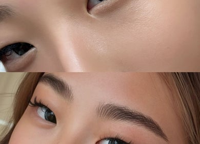 Close-up of expertly styled lashes and brows at Chrysalis Brow Haus, Singapore, Singapore, SG.