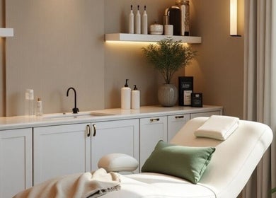 Relaxing spa interior at Chrysalis Brow Haus, Singapore, SG with a white treatment bed and modern decor.