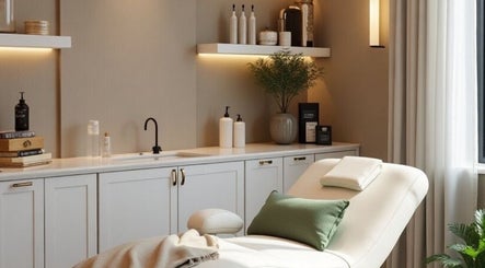 Relaxing spa interior at Chrysalis Brow Haus, Singapore, SG with a white treatment bed and modern decor.