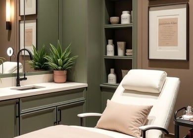Luxurious treatment room at Chrysalis Brow Haus, Singapore, SG, featuring a plush chair and calming decor.