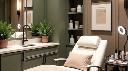 Luxurious treatment room at Chrysalis Brow Haus, Singapore, SG, featuring a plush chair and calming decor.