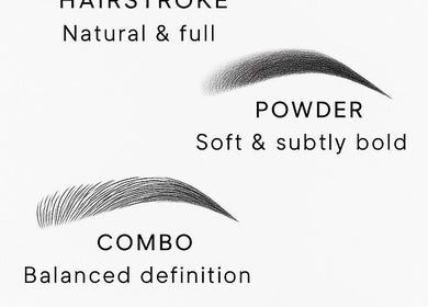 Brow styles comparison at Chrysalis Brow Haus, Singapore. Shows hairstroke, powder, combo techniques.