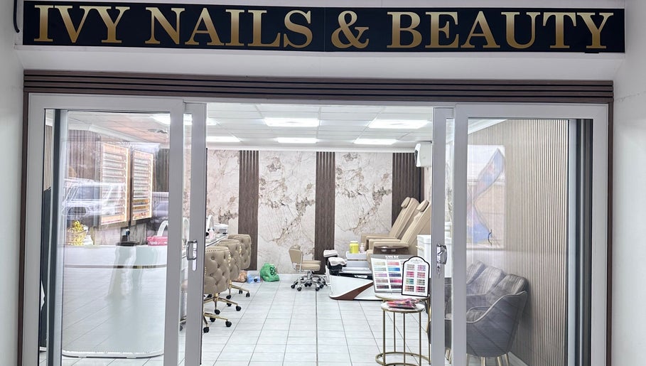 Entrance view of Ivy Nails and Beauty in Yeovil, England, GB showcasing elegant interior and nail service area.