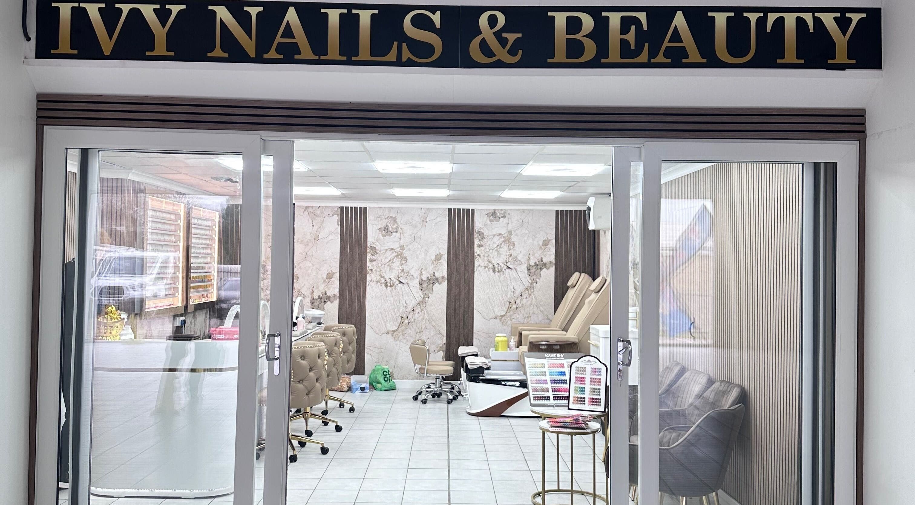 Front view of Ivy Nails and Beauty, a modern salon in Yeovil, England, GB, showcasing stylish interiors.