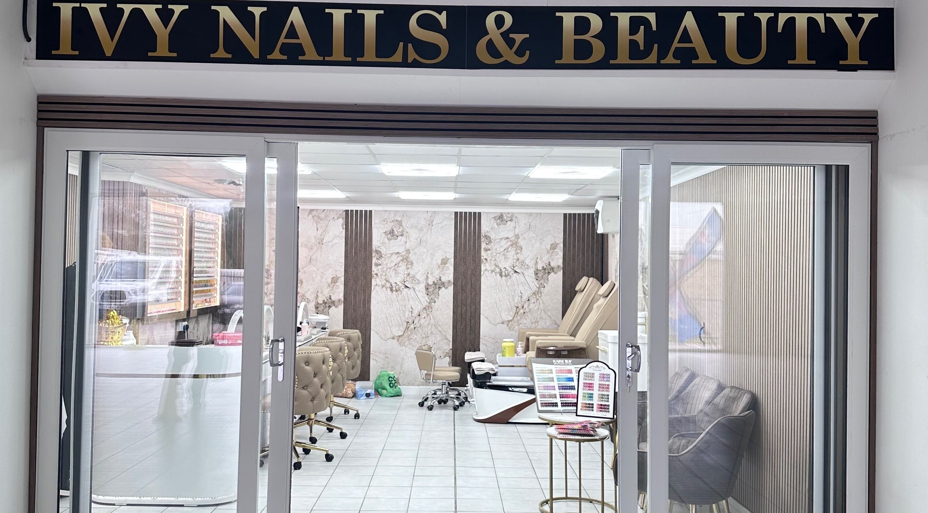 Front view of Ivy Nails and Beauty, a modern salon in Yeovil, England, GB, showcasing stylish interiors.