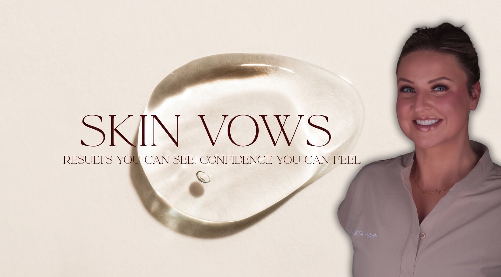 Portrait of smiling woman next to SKIN VOWS logo at R Studio, New Mills, England, GB.