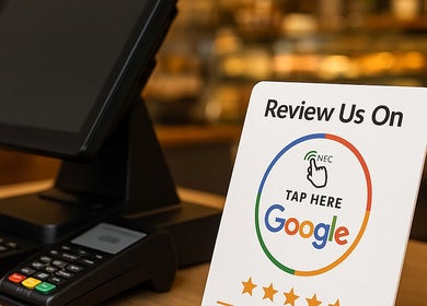 Review sign at yas in Den Haag, Zuid-holland, NL inviting feedback with star ratings.