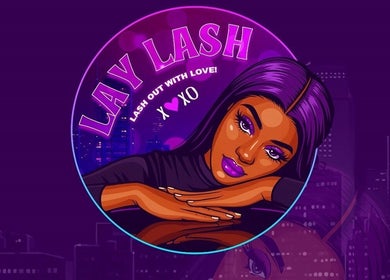 Vibrant LayLash logo with purple theme, Tunapuna, Tunapuna/piarco Regional Corporation, TT, beauty illustration.