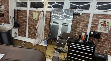 Interior of No45 Bespoke Barbering in Emneth, England, GB with vintage barber chair and modern tools.