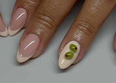 Elegant French manicure with olive nail art at NailsbyMalie, Burleigh Heads, Queensland, AU.