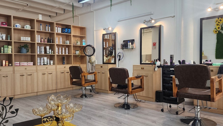 Stylish salon chairs and shelving at The Glam Loft - Hair and Beauty Lounge, Auckland, Auckland, NZ.