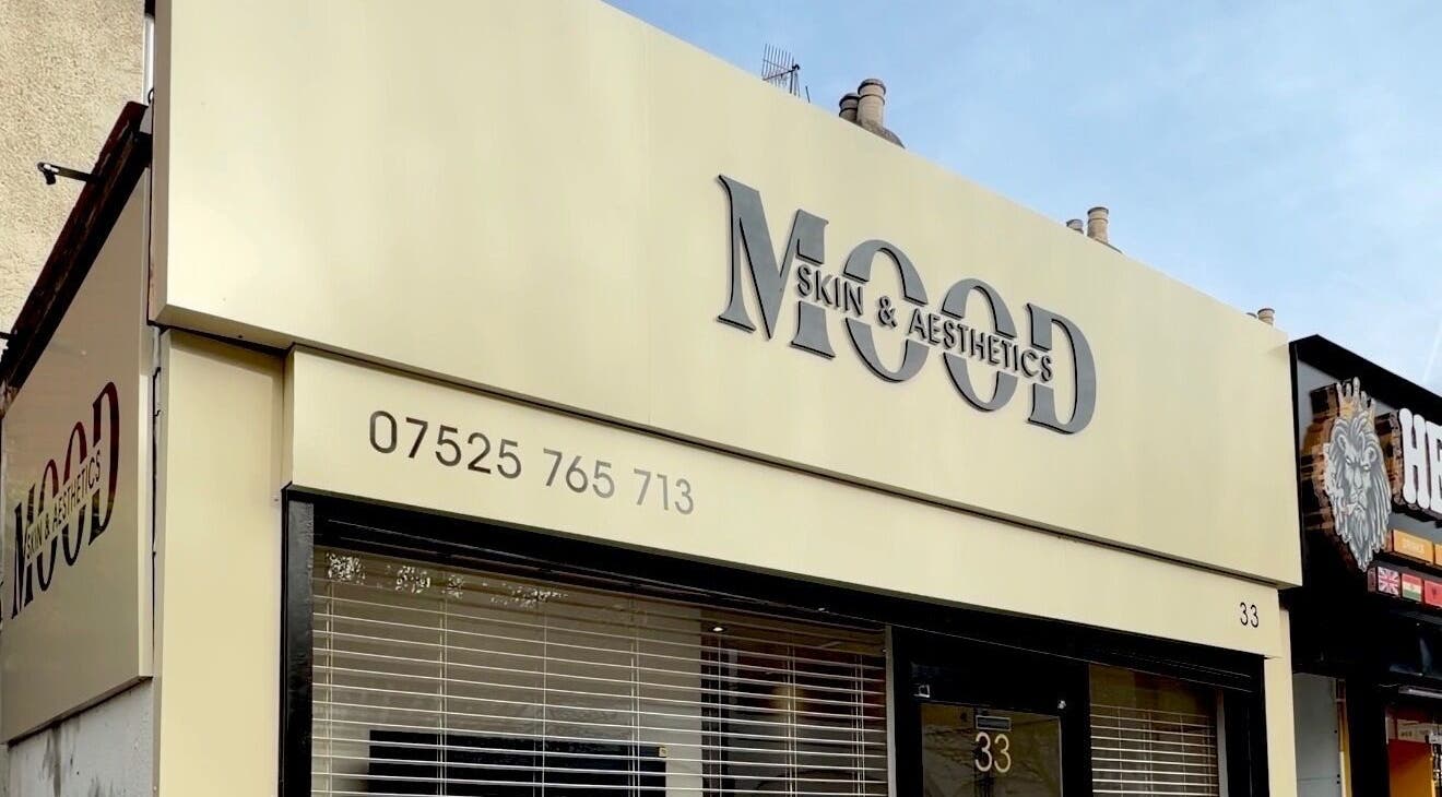 Exterior of MOOD SKIN & AESTHETICS in Barnet, England, GB, featuring elegant branding and contact details.