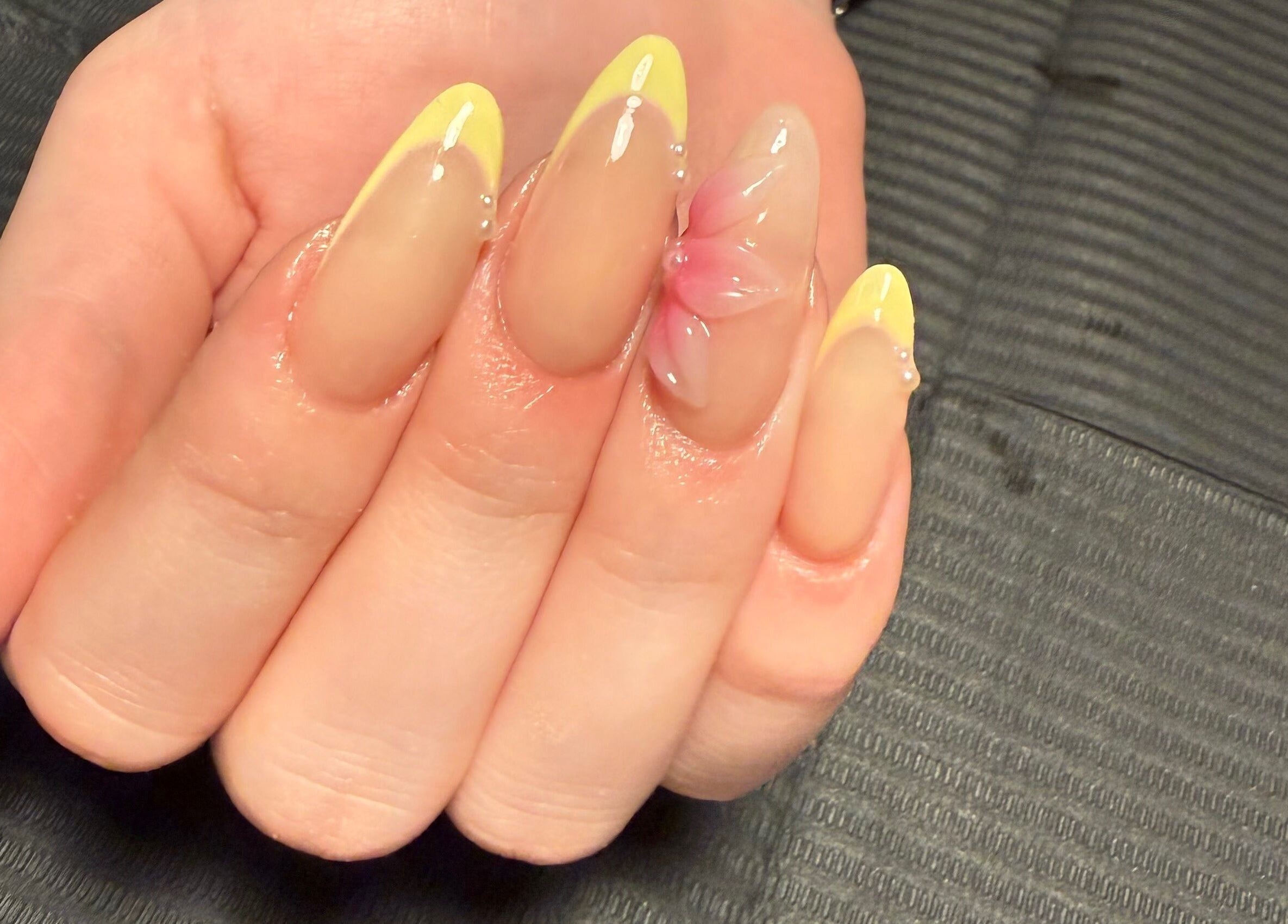 Detailed floral nail art with yellow tips by beautybyjblck in Aubin Grove, Western Australia, AU.