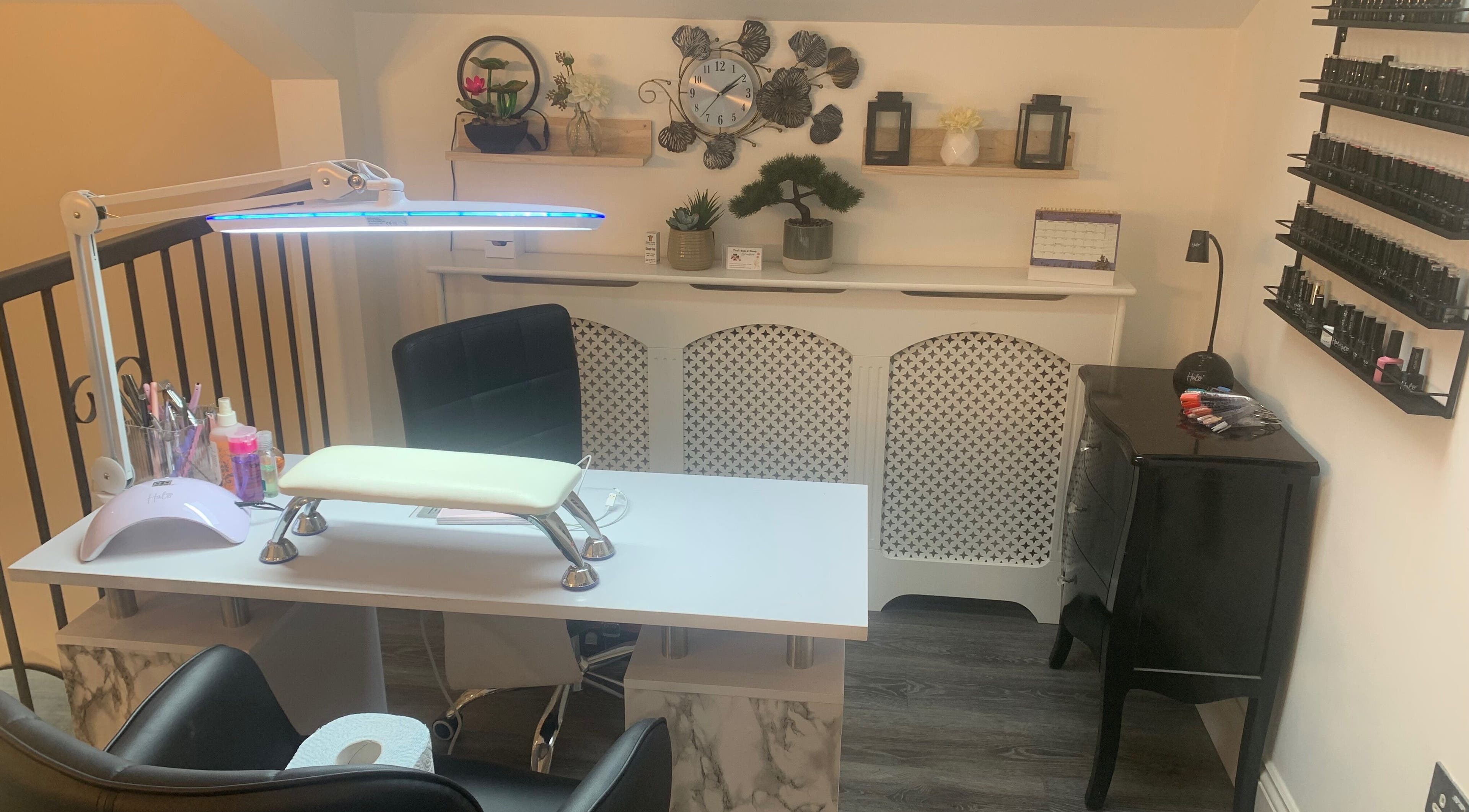 Modern nail studio at Nails By Vya in Douglas, Onchan, IM. Features chic decor and manicure station.