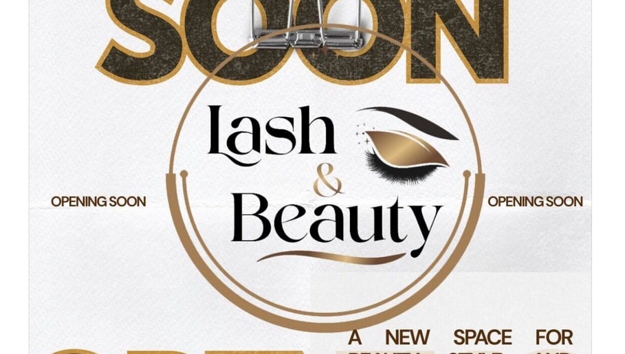 Opening soon sign for Lash and Beauty in Telford, England, GB, with stylish gold and black design.