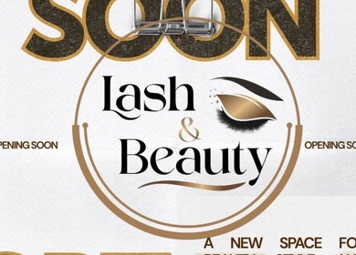 Lash and Beauty opening soon in Telford, England, GB. Stylish design with logo and announcement.