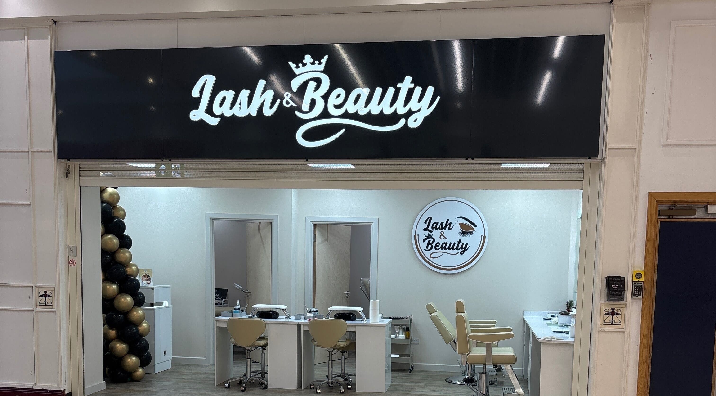 Front view of Lash And Beauty in Telford, England, GB showcasing chic interior and branding sign.