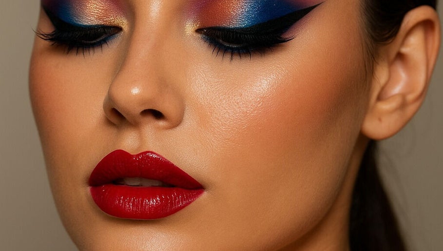 Elegant makeup showcase at Brett Thomas Donovan in Raynham, Massachusetts, US with vibrant eyeshadow and red lips.