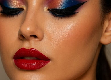 Elegant makeup showcase at Brett Thomas Donovan in Raynham, Massachusetts, US with vibrant eyeshadow and red lips.