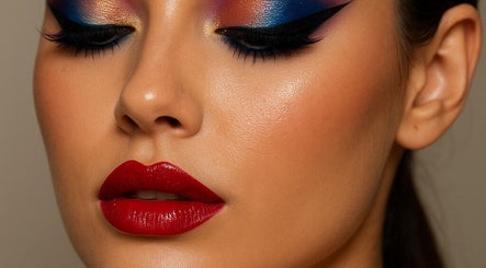 Elegant makeup showcase at Brett Thomas Donovan in Raynham, Massachusetts, US with vibrant eyeshadow and red lips.