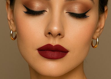 Flawless makeup look with bold lips at Brett Thomas Donovan, Raynham, Massachusetts, US.