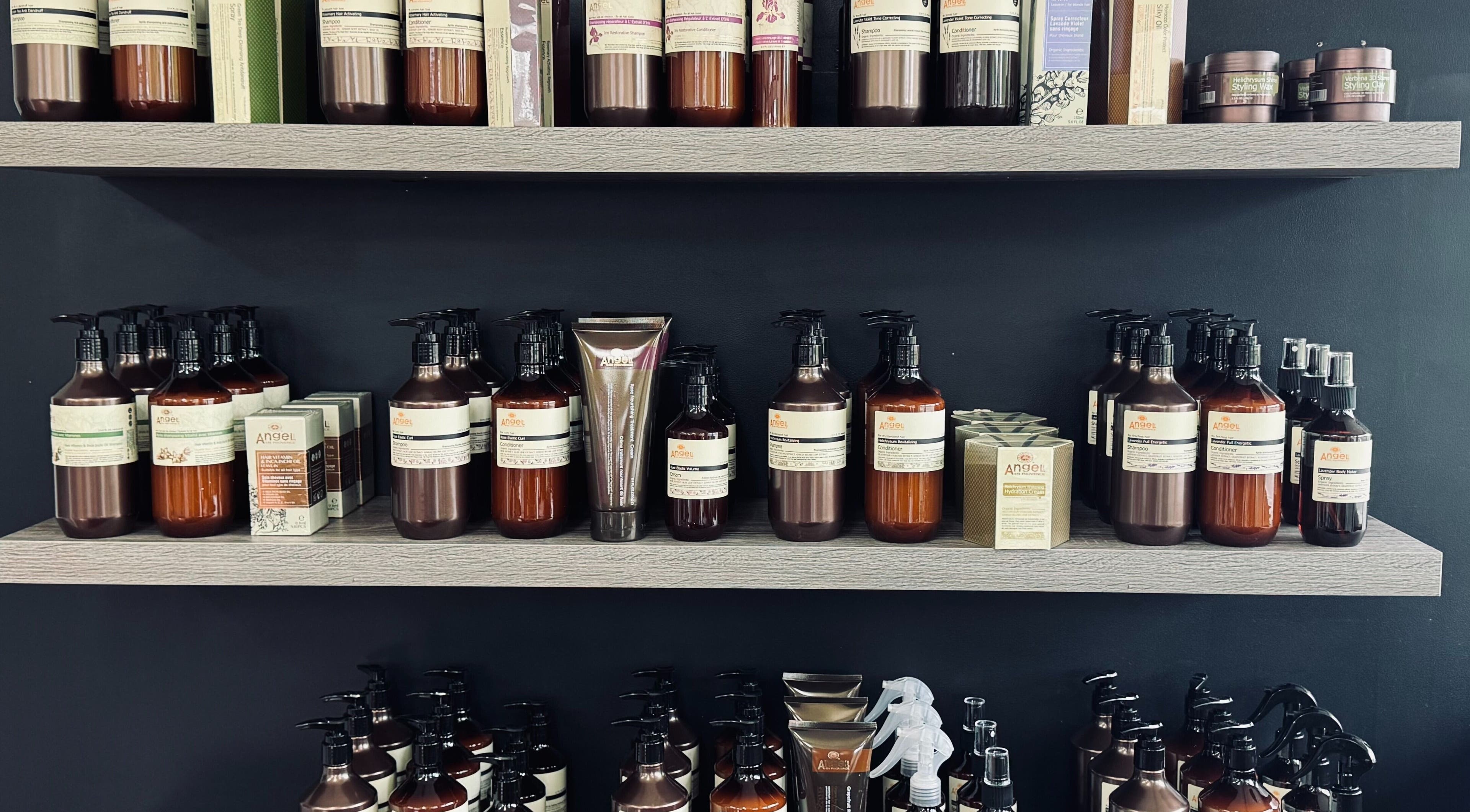 Sefton Hair product shelves featuring premium hair care in Sefton, Canterbury Region, NZ.