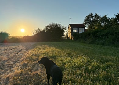 Golden sunset at Signal Box Reflexology in Holt, England, GB with rustic charm and peaceful fields.