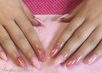 Pink and glittery nails at Amaze Beauty, Coleraine, Northern Ireland, GB.