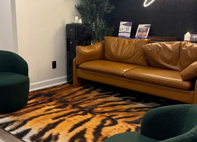 Chic seating area at Artistry Nail Lounge, Louisville, Kentucky, US with leather sofa and tiger-patterned rug.
