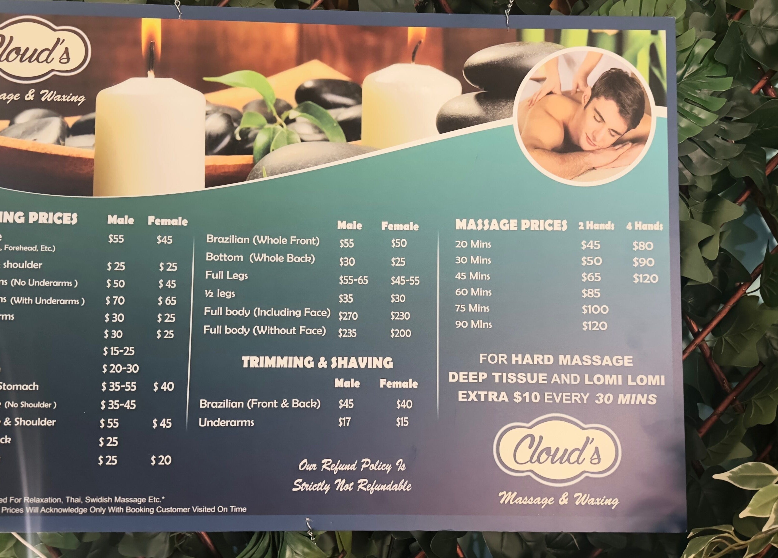 Service prices at Clouds Massage and Waxing, Melbourne, Victoria, AU, featuring massages and waxing options.
