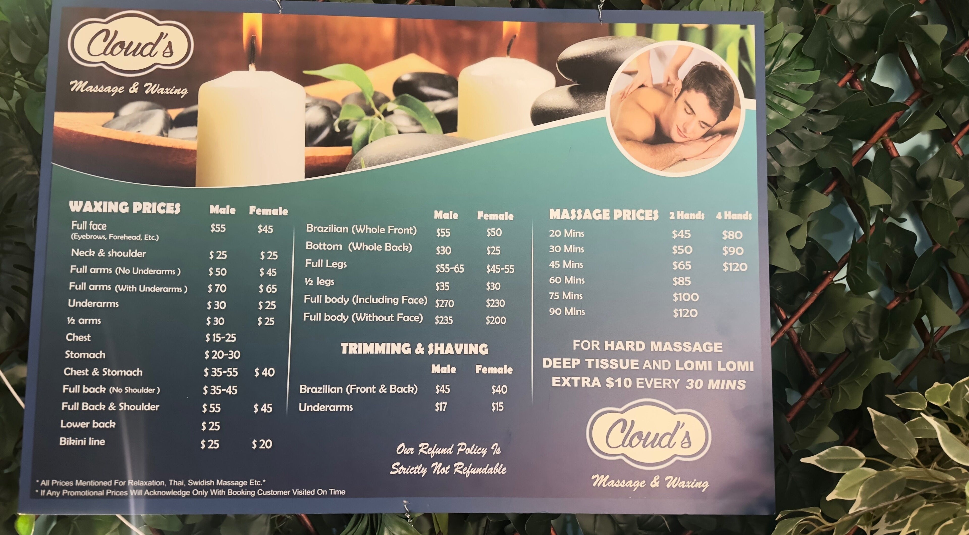 Service prices at Clouds Massage and Waxing, Melbourne, Victoria, AU, featuring massages and waxing options.